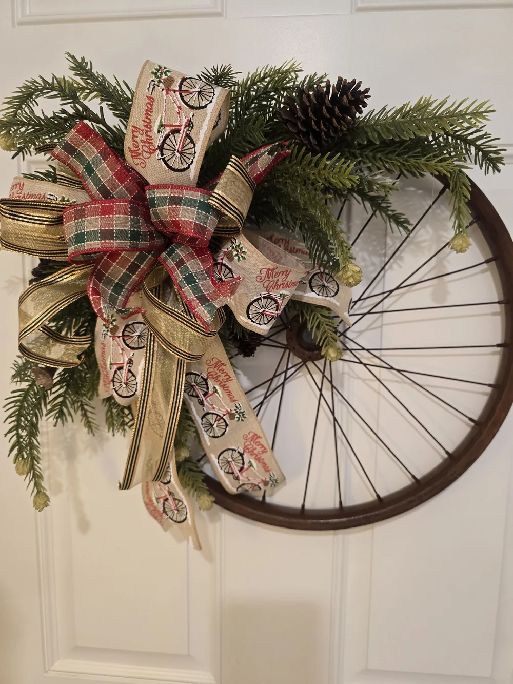 Festive Green and Red Bicycle Wheel Holiday Wreath Winter Christmas